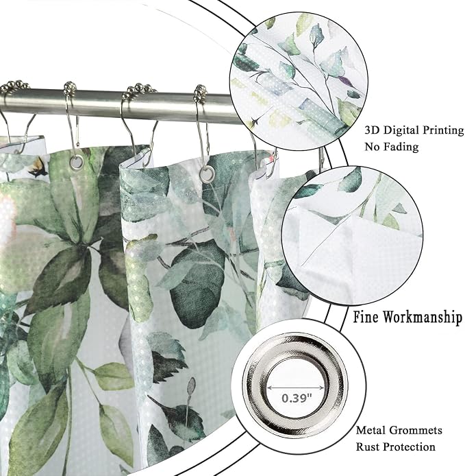 Eucalyptus Leaf Waffle Textured Shower Curtain, Weighted Bottom Watercolor Green Leaves on The Top Plant with Floral Bathroom Curtain Bathtub Home Decor Waterproof Fabric with 12 Metal Hooks