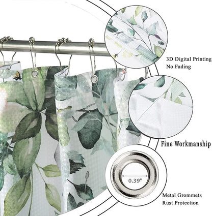 Eucalyptus Leaf Waffle Textured Shower Curtain, Weighted Bottom Watercolor Green Leaves on The Top Plant with Floral Bathroom Curtain Bathtub Home Decor Waterproof Fabric with 12 Metal Hooks