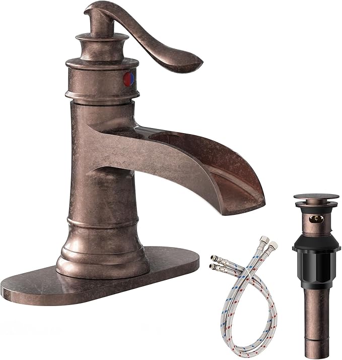 Homevacious Bathroom Faucet Copper Waterfall Bathroom Sink Faucets with Single Handle Rustic Vanity Farmhouse RV Faucet Suitable for 1 or 3 Holes with Pop-up Drain Deck Plate Hose