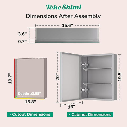 TokeShimi 16x20 Recessed Medicine Cabinet with Mirror Aluminum, Tempered Frameless Bathroom Mirror with Storage Adjustable, Silver Surface Mount Medicine Cabinet for Bathroom Farmhouse