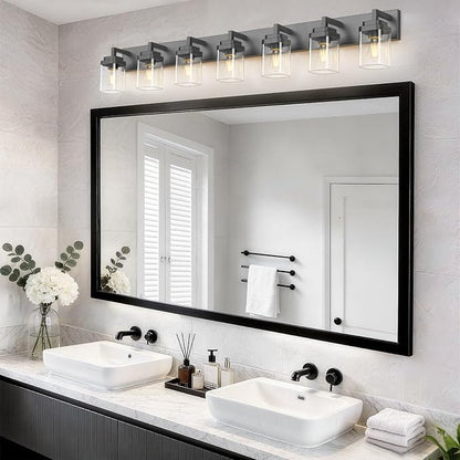 Matte Black Bathroom Light Fixtures, Modern Vanity Lights with Clear Glass Lamp Shade, Bathroom Lighting Fixtures Over Mirror, Restroom Vanity Lighting Fixture, 7-Light 52 Inch