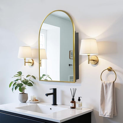 Casaphoria 36" H x 24" W Arched Bathroom Medicine Cabinet with Mirror, Metal Frame Wall Mirror Cabinet, Wall Medicine Cabinets Mirrors, Gold