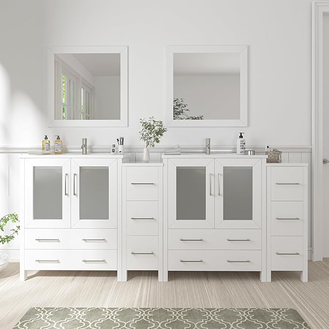 Vanity Art 84 Inch Under Mount Double Sink Bathroom Vanity Cabinet with 2 Mirrors, Ceramic Top Bathroom Cabinet Compact Set with 10 Dovetail Storage Drawers and Brushed Nickel Handles, VA3030-84-W