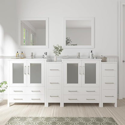 Vanity Art 84 Inch Under Mount Double Sink Bathroom Vanity Cabinet with 2 Mirrors, Ceramic Top Bathroom Cabinet Compact Set with 10 Dovetail Storage Drawers and Brushed Nickel Handles, VA3030-84-W