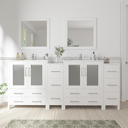 Vanity Art 84 Inch Under Mount Double Sink Bathroom Vanity Cabinet with 2 Mirrors, Ceramic Top Bathroom Cabinet Compact Set with 10 Dovetail Storage Drawers and Brushed Nickel Handles, VA3030-84-W