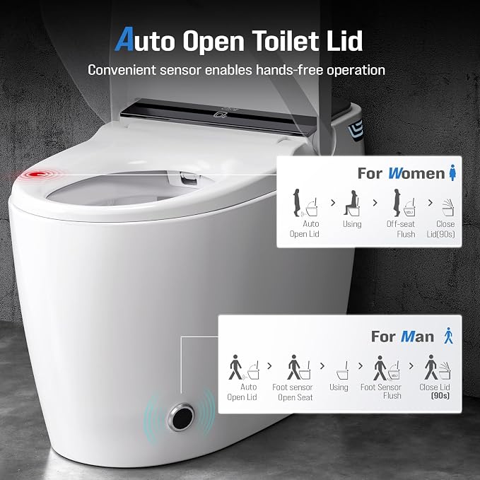 Smart Toilet with Bidet Built In, Tankless Bidet Toilet with 1000g MaP Flush Power, Auto Open/Close Lid, Dual Auto Flush, Heated Seat, Air Dryer, Multiple Cleaning Modes, Foot Sensor