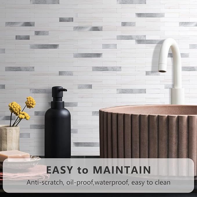 STICKGOO Peel and Stick Backsplash Tile, Stick on Backsplash for Kitchen and Bathroom, Dolomite White Marble Look PVC Mixed Metal Silver Self Adhesive Wall Tiles(10 Sheets)