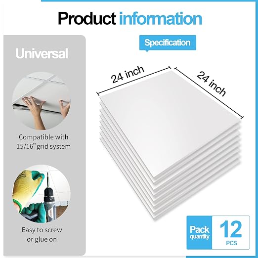 Art3d 12-Pack Smooth Drop Ceiling Tiles, No Sag and Breakage, White | 2 x 2 ft, PVC, Waterproof, Fire-Rated, Reusable, Compatible with Grid System, Perfect for Living Room
