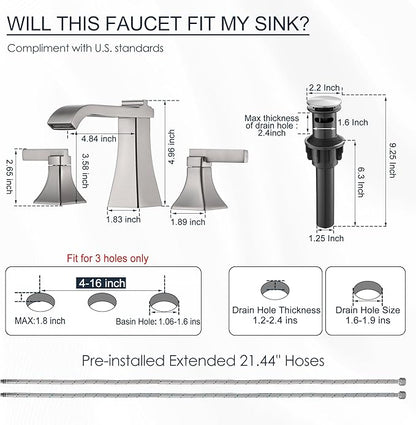 Brushed Nickel Bathroom Faucet 3 Hole, Brass Waterfall 8 Inch Widespread Bathroom Sink Faucet with Pop-Up Drain, cUPC Supply Hoses, 2 Handles for Vanity, Restroom, Modern Hollowed Design