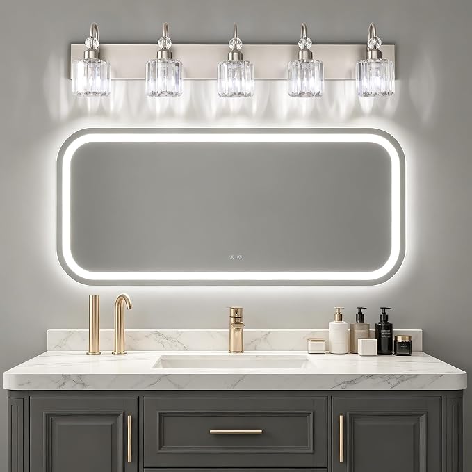 Ralbay Crystal Bathroom Vanity Light Brushed Nickel Modern 5 Light Bathroom Wall Lighting Fixtures Over Mirror
