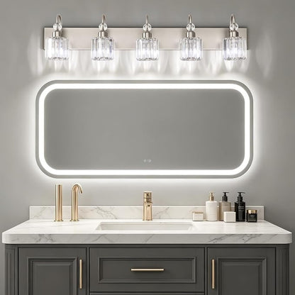 Ralbay Crystal Bathroom Vanity Light Brushed Nickel Modern 5 Light Bathroom Wall Lighting Fixtures Over Mirror