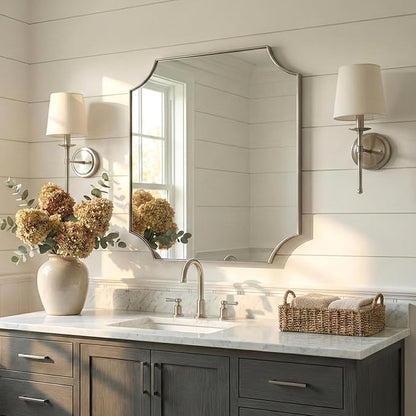 30"x30" Brushed Nickel Mirror, Square Bathroom Mirror for Over Sink, Silver Vanity Mirror in Anti-Rust Stainless Steel Frame, Aesthetic Scalloped Corner Design, Ideal for Home Remodel