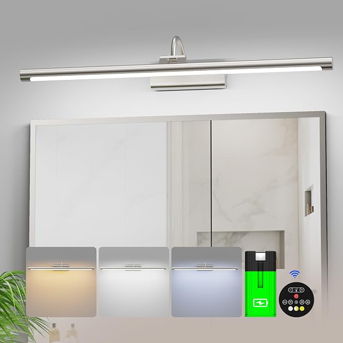 Rechargeable Wireless Bathroom Vanity Light Brushed Nickel 24 inch | 10000mAh Rechargeable Vanity Bathroom Light, with 1 Detachable Battery, Dimmable, Rotatable, 3CCT for Bathroom Mirror