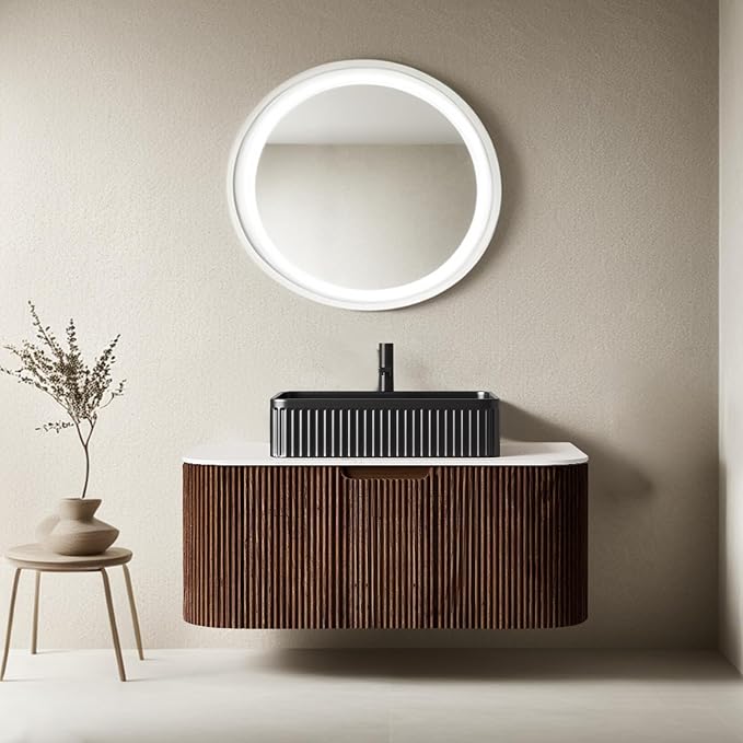 36" Floating Bathroom Vanity with Sink, Wall-Mount Bathroom Cabinet with Balck Rectangular Ceramic Basin and Marble Top, Large Storage Drawer, Soft-Close Design, Dark Walnut