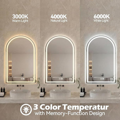Sweetcrispy 20“×28” LED Bathroom Backlit Mirror with Lights, Arched Vanity Mirror with Anti-Fog, Dimmable, 3-Color Light, Memory Function, Tempered Glass