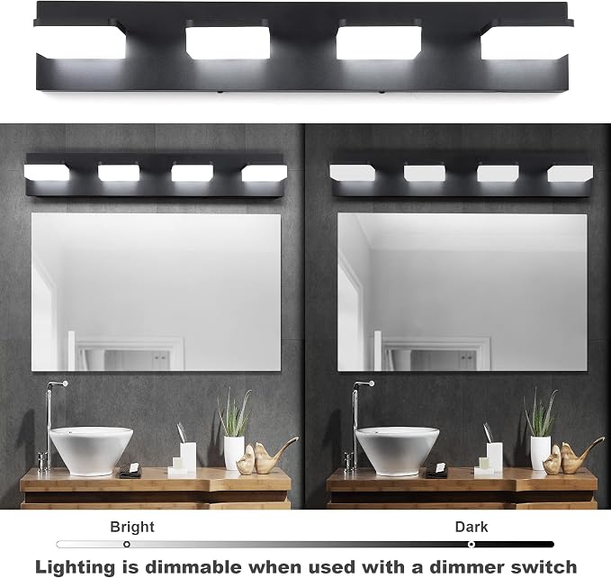 3 Colors Dimmable Black Vanity Lights for Bathroom, LED 4 Light Vanity Lighting Fixtures, Acrylic Stainless Steel Bathroom Light Fixtures over Mirror, Adjustable 3000K/4000K/6000K, 360° Rotate