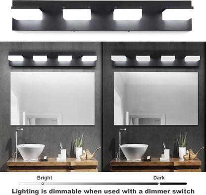 3 Colors Dimmable Black Vanity Lights for Bathroom, LED 4 Light Vanity Lighting Fixtures, Acrylic Stainless Steel Bathroom Light Fixtures over Mirror, Adjustable 3000K/4000K/6000K, 360° Rotate