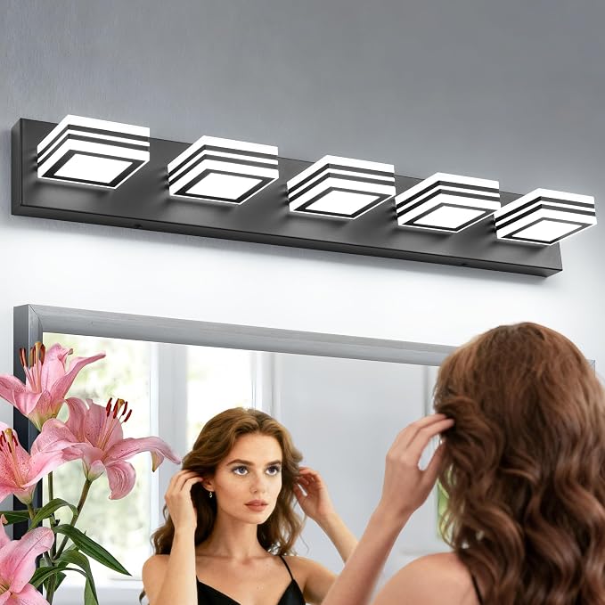 SOLFART LED Bathroom Lighting Fixtures - 5 Lights Modern Matte Black Acrylic Vanity Lights for Mirror 32inch 24W