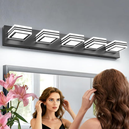 SOLFART LED Bathroom Lighting Fixtures - 5 Lights Modern Matte Black Acrylic Vanity Lights for Mirror 32inch 24W
