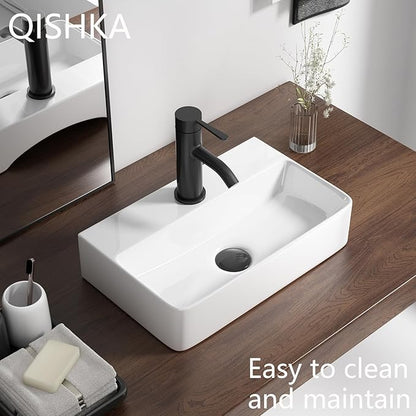 Wall Mounted Bathroom Vessel Sink, QISHKA 18" X 11" Rectangular Floating Ceramic Wash Hand Basin White Wall Hung Vanity Sink for Bathroom and Cloakroom