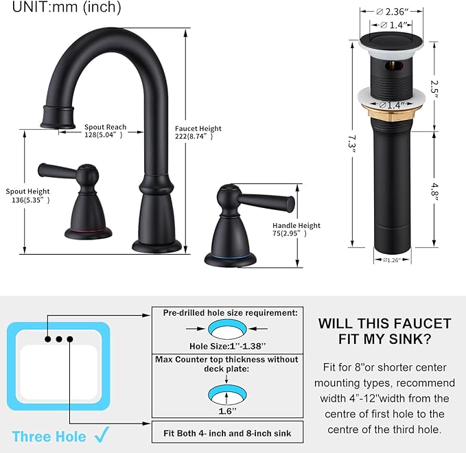 CREA Widespread Bathroom Faucet Black 3 Hole Sink Faucet 8 inch with Pop Up Drain 2 Handle 4 inch Faucets for Vanity Lavatory Basin Restroom Bath Sink