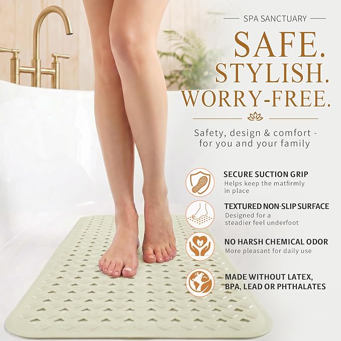 Yimobra Bathtub Mat Non Slip, Super Strong Suction Cups, 28"X16" Long Shower Mat with Drain Holes, Machine Washable Fast Draining Bath Mats, Bathroom Essentials,Beige