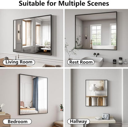 Koonmi Bathroom Mirror for Wall, 30"x36" Black Bathroom Mirror for Over Sink, Shatterproof Tempered Glass Vanity Mirror with Anti-Rust Aluminum Alloy Frame, Hang Horizontally or Vertically