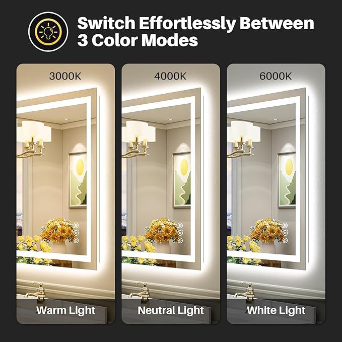 28x32 Inch LED Bathroom Mirror with Lights, Backlit & Front Lit, Anti-Fog Lighted Bathroom Vanity Mirror for Wall, Memory Function, Dimmable, HD Tempered Glass, Shatter-Proof