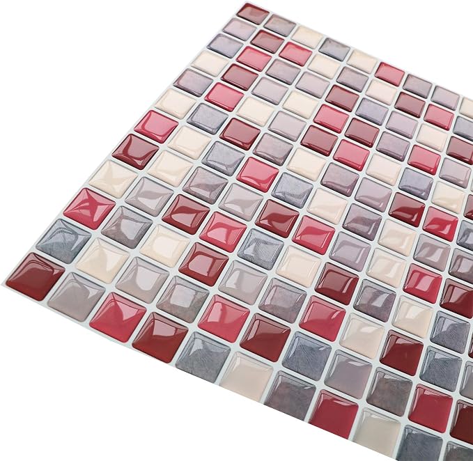 3D Mosaic Tile Sticker Removable Wallpaper Tile Red, 3D Self Adhesive Wall Tiles Bathroom Wall Tiles for Kitchen Backsplash Red, PVC Square Decorative Vinyl Decals, 4 Sheets