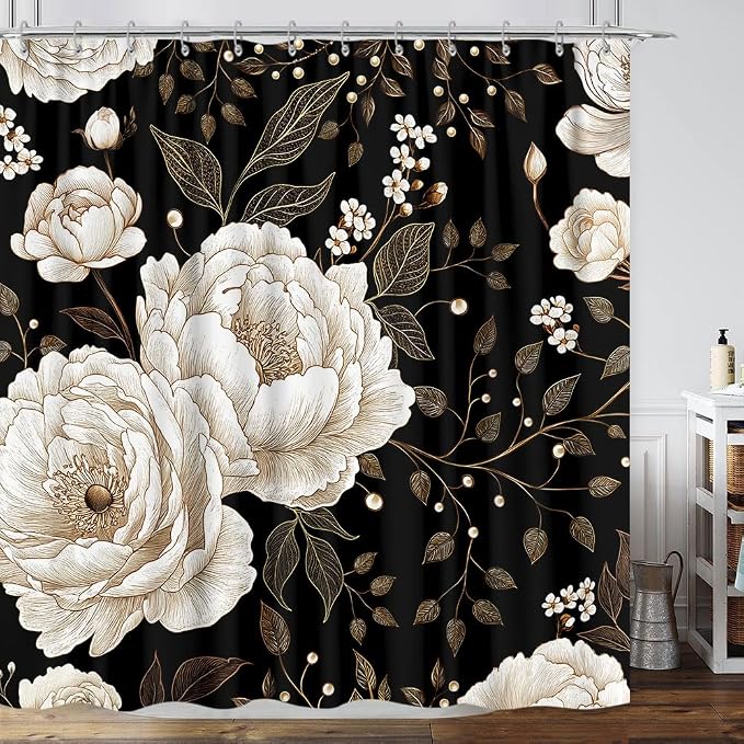 Black and Gold Shower Curtain, Dark Roses Leaves Botanical Aesthetic Boho Floral Shower Curtain for Bathroom with Hook, Vintage Rose Gold Flowers Fabric Unique Chic Shower Curtain Set with Hooks 72X72