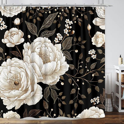 Black and Gold Shower Curtain, Dark Roses Leaves Botanical Aesthetic Boho Floral Shower Curtain for Bathroom with Hook, Vintage Rose Gold Flowers Fabric Unique Chic Shower Curtain Set with Hooks 72X72