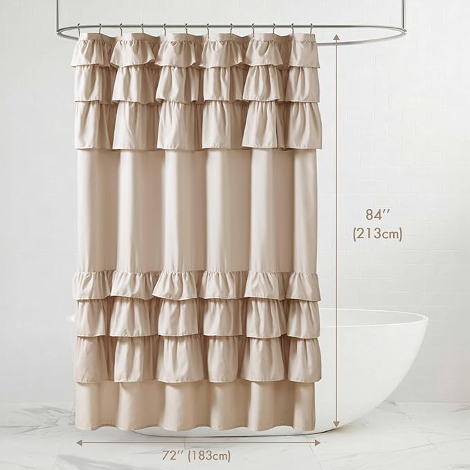 Madison Park Grace Extra Long Ruffle Shower Curtain, 72"x 72", Beige | Farmhouse Cottage Top, Machine Washable, Shabby Chic Ruffled Decor Fabric, Privacy Screen, Solid Color Bathroom Curtains