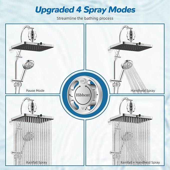 Hibbent 5-spray Dual Filtered Rainfall Shower Head with 10 Spray Handheld | High Pressure 13'' Showerhead Combo, Easy Reach 4-way Diverter Extension Arm with Pause Mode, 71'' Hose & Holder, Chrome