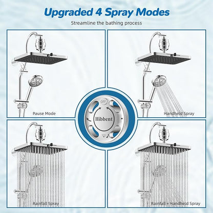 Hibbent 5-spray Dual Filtered Rainfall Shower Head with 10 Spray Handheld | High Pressure 13'' Showerhead Combo, Easy Reach 4-way Diverter Extension Arm with Pause Mode, 71'' Hose & Holder, Chrome