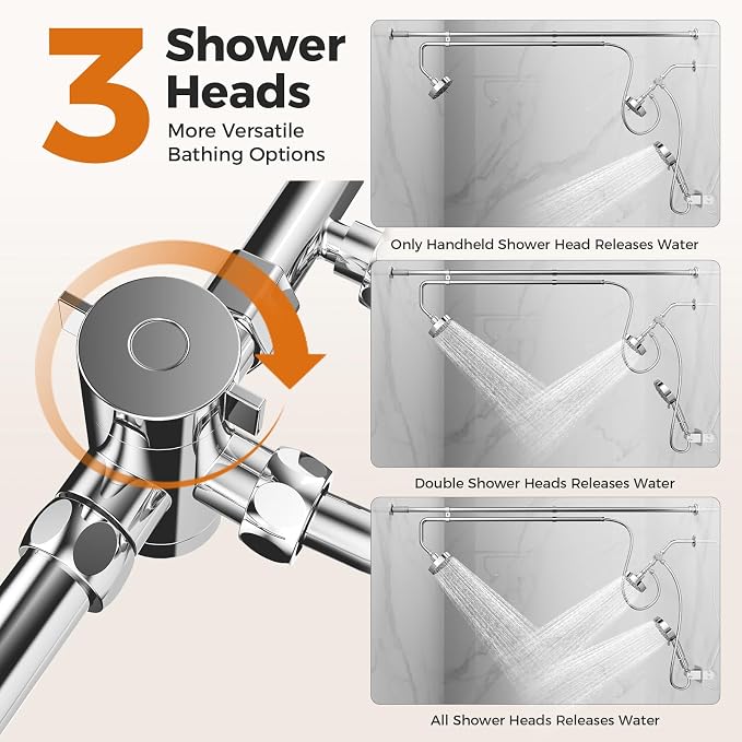 Dual Shower Head with Extra Handheld Sprayer for Couples & Families | 3 Shower Heads & 9 Spray Modes, High Pressure Tandem Shower, 180° Adjustable, Simultaneous Use, Easy Install