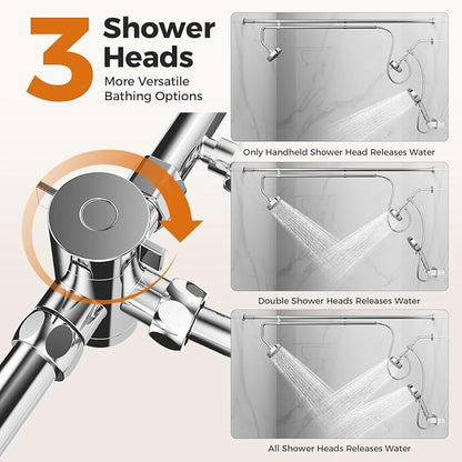 Dual Shower Head with Extra Handheld Sprayer for Couples & Families | 3 Shower Heads & 9 Spray Modes, High Pressure Tandem Shower, 180° Adjustable, Simultaneous Use, Easy Install