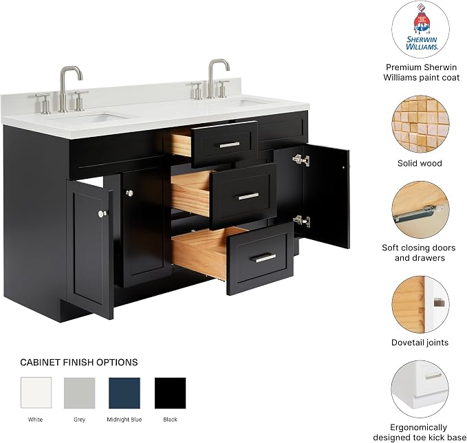 Bradford 66" Black Double Bathroom Vanity, 1.5" Edge Pure White Quartz Countertop, Rectangular Undermount Sinks, Soft Closing Doors & Dovetail Drawers, Brushed Nickel