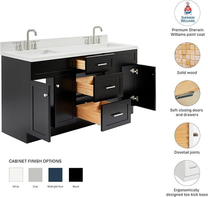 Bradford 66" Black Double Bathroom Vanity, 1.5" Edge Pure White Quartz Countertop, Rectangular Undermount Sinks, Soft Closing Doors & Dovetail Drawers, Brushed Nickel