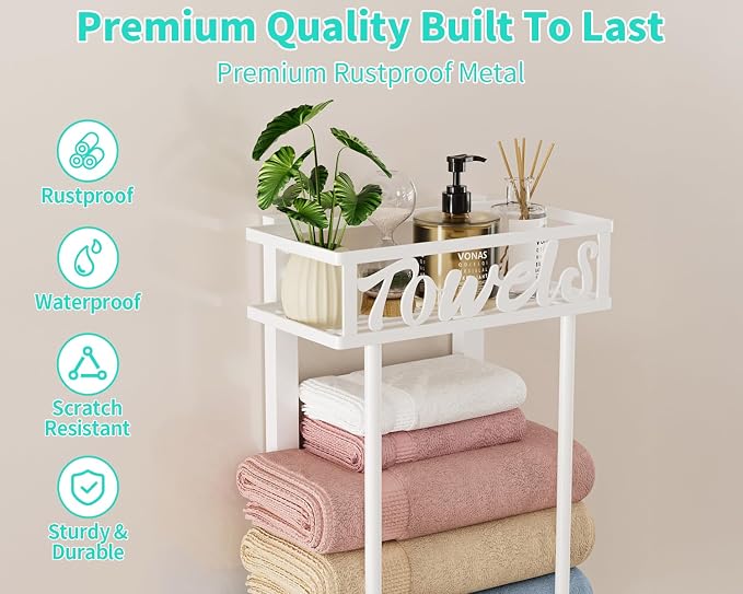 HapiRm Towel Rack Bathroom Storage - 3 Tier Over The Door & Wall Mounted Rolled Towel Racks Holder Organizer with Metal Shelf and 6 Hooks for Small Bathroom, Camper, Rv - White