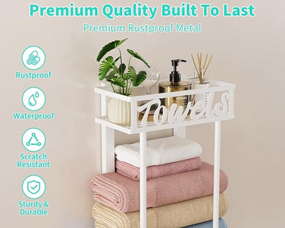 HapiRm Towel Rack Bathroom Storage - 3 Tier Over The Door & Wall Mounted Rolled Towel Racks Holder Organizer with Metal Shelf and 6 Hooks for Small Bathroom, Camper, Rv - White
