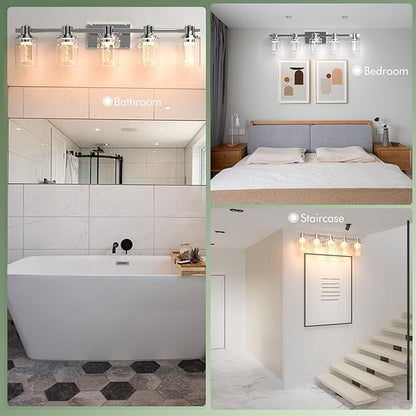 Quntis 5-Light Chrome Bathroom Vanity Light with 5 Color Modes, Dimmable Modern Bathroom Lighting Fixture Over Mirror, 35 Watts Eye Protection LED Wall Lamp 33 Inch (UL Certified, Bulbs Included)