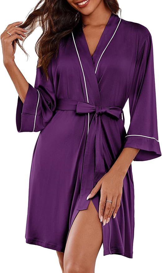 Ekouaer Women Kimono Robes Knee Length Knit Bathrobe Lightweight Soft Sleepwear V-neck Casual Ladies Loungewear