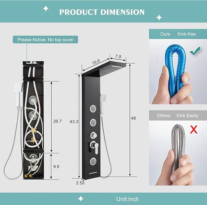 LED Shower Panel Tower System, 6-in-1 Shower Tower with Rainfall Waterfall Shower Head, 2 Modes Powerful Body Jets, Handheld Shower and Tub Spout, Stainless Steel Shower Column, Black