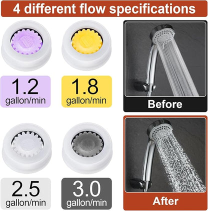 4pcs Shower Head Flow Restrictor, 1.5/1.8/2.5/3.0 GPM | Shower Head Water Saver, Plastic, 0.56 0.54 0.21 in, Universal Size, 14mm Connector