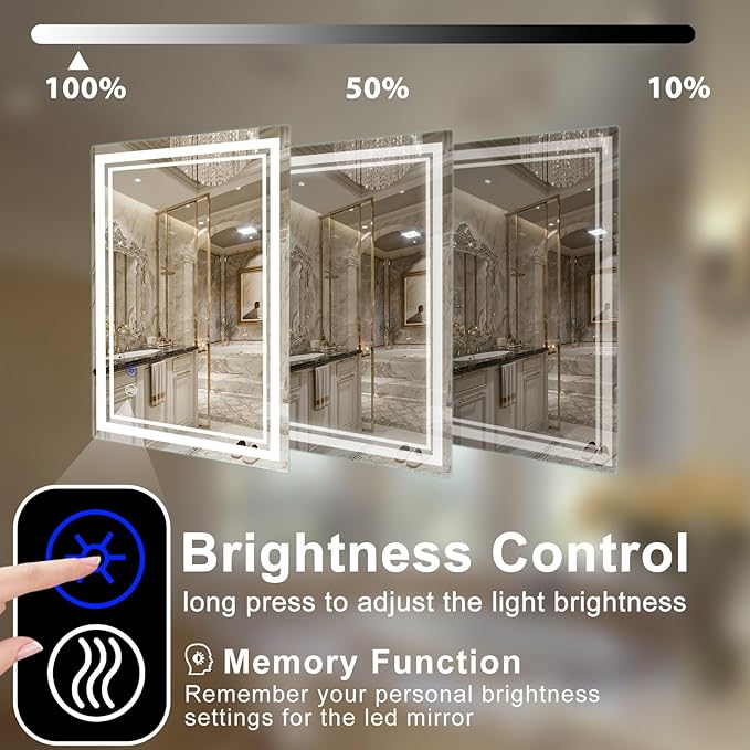 SaniteModar Bathroom Mirror with Lights 40x32 in, Led Mirror for Bathroom, Led Bathroom Mirror, 3 Color Dimmable, Anti Fog, Touch Button, CRI90+, Horizontal/Vertical