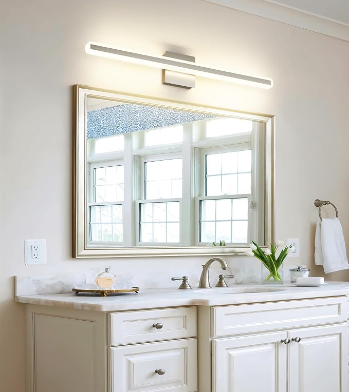 JUSHENG Brushed Nickel Vanity Lights for Bathroom, 5CCT Dimmable Vanity Light Bar, Modern LED Bathroom Lighting Fixtures Above Mirror 32'' Inch 24W