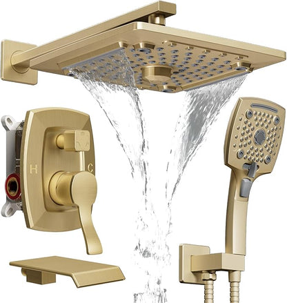 ELLO&ALLO Bathroom Shower Faucet Set Mixing Valve and Trim Kit, Complete Shower System with Tub Spout, Brushed Gold