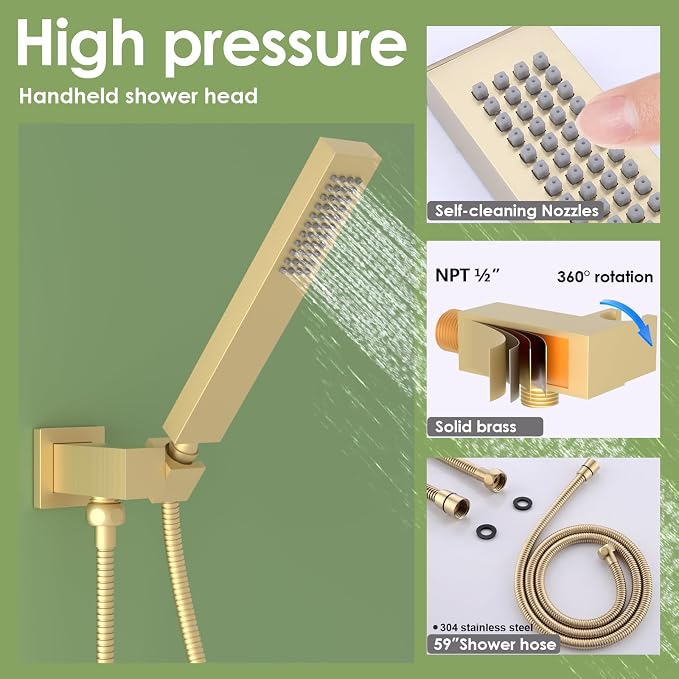 Enga Dual Shower Head Shower System with Body Jets, 12" Ceiling Mounted Rain Shower Head & 6" Wall Mounted Head Full Body Rainfall Shower Faucet with Valve Kit, Brushed Gold