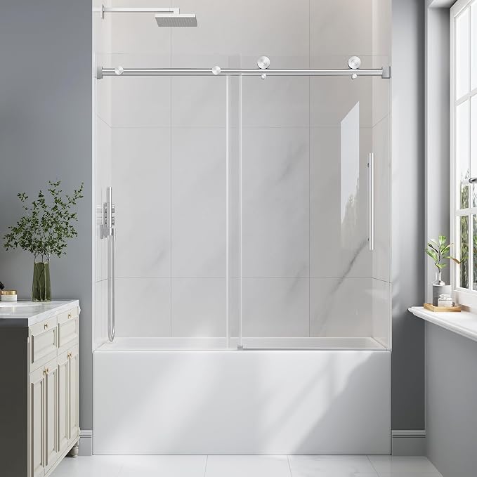 55-60" W x 60" H Frameless Bathtub Shower Door Brushed Nickel | 1/4''(6mm) SGCC Tempered Glass,Explosion Proof Film,Nano Coating,Customizable width,Reversible installation,Easy to Clean