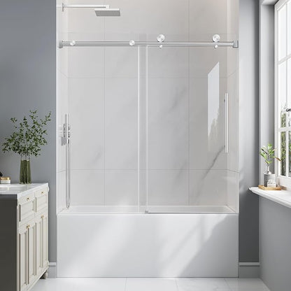 55-60" W x 60" H Frameless Bathtub Shower Door Brushed Nickel | 1/4''(6mm) SGCC Tempered Glass,Explosion Proof Film,Nano Coating,Customizable width,Reversible installation,Easy to Clean